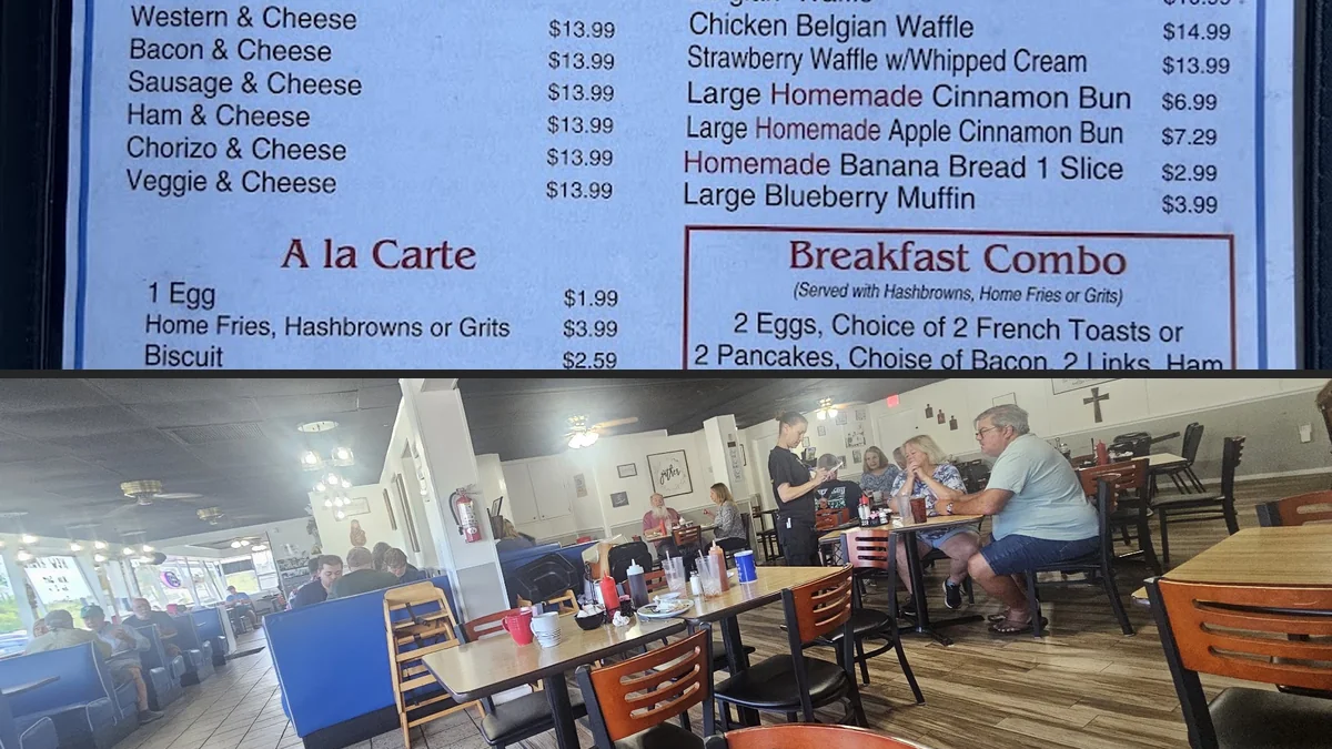 Cozy diner booths and bright breakfast plates.